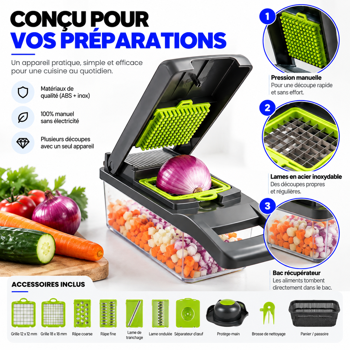 Coupe-Légumes Multifonction™ – Tranche, Râpe & Découpe en Quelques Gestes
